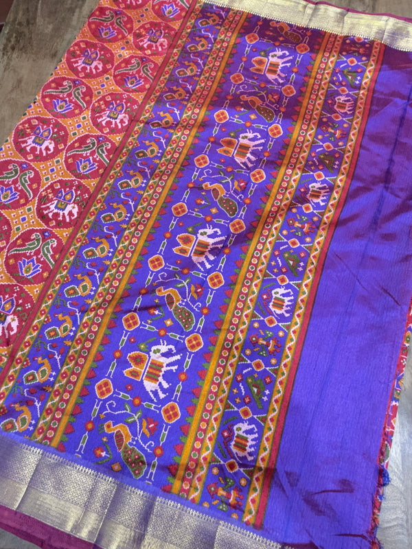 Animal Print Motif Patola Printed Saree ( Yellow & Purple)