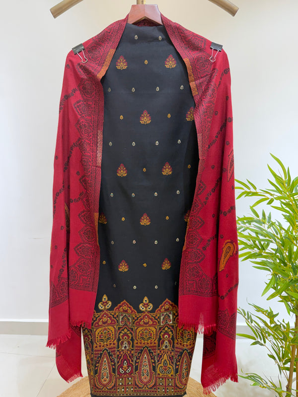 Weaved Woollen Suit with Contrast Dupatta ( Black & Maroon)