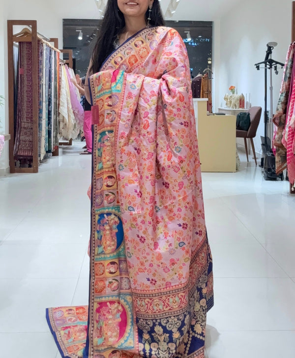 Royal Position Print Soft Silk Saree (lilac & Navy blue)