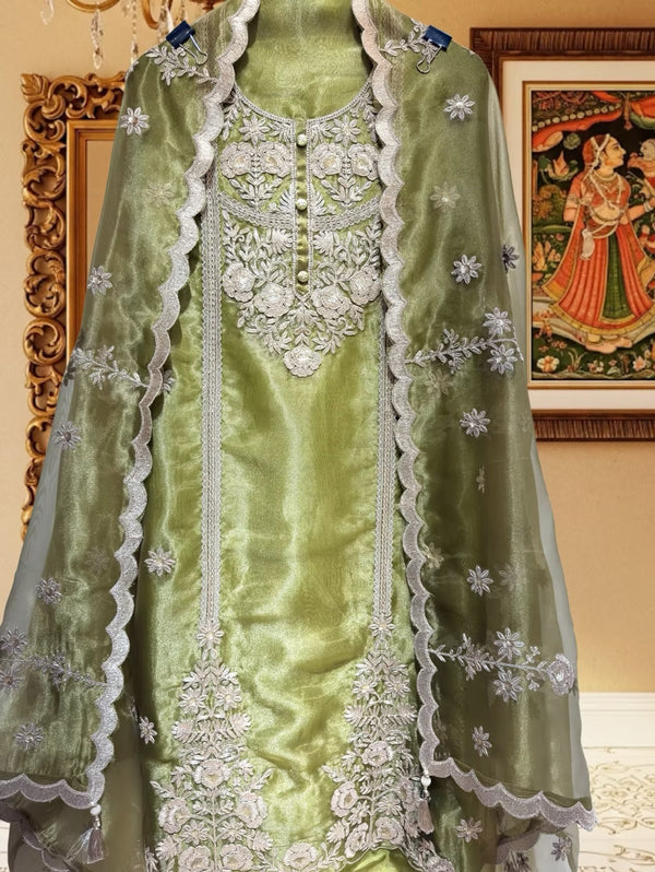 Princess Tissue Silk Suit with 3D Floral Dori Work (Green)