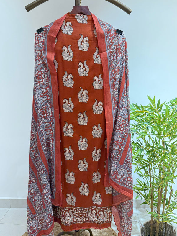 Mulmul Dupatta Cotton Peacock Print Suit ( Rust )