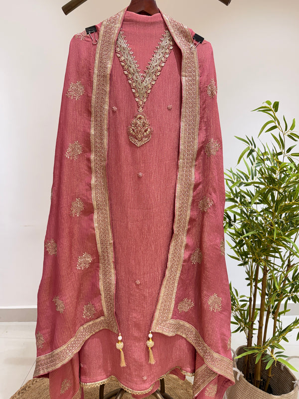 Crush Shimmer Silk Suit  With Silver Embroidery Dupatta (Dusky Rose Pink)
