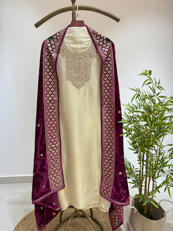 Shimmer silk kurta with pure velvet dupatta (Ivory & Wine)