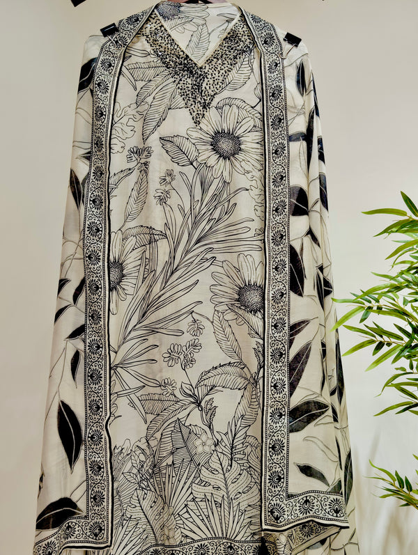 Floral Print Pure Muslin Suit (Black and White)