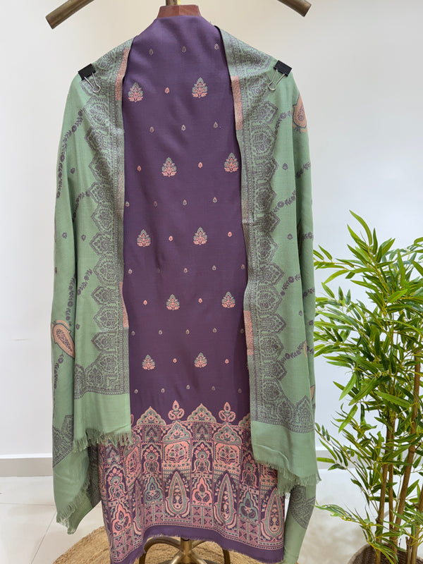 Weaved Woollen Suit with Contrast Dupatta (Purple & Matcha Green)