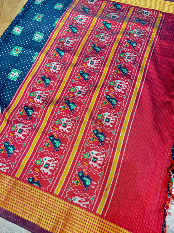 Elephant & Parrot motif Patola Printed Saree ( Black & Maroon)