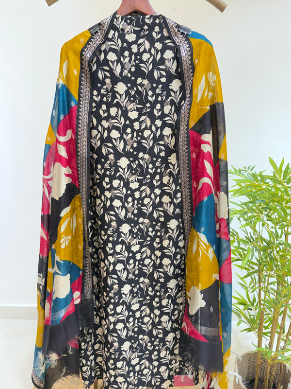 Pure Maheshwari Suit With multicolour Dupatta (Black)