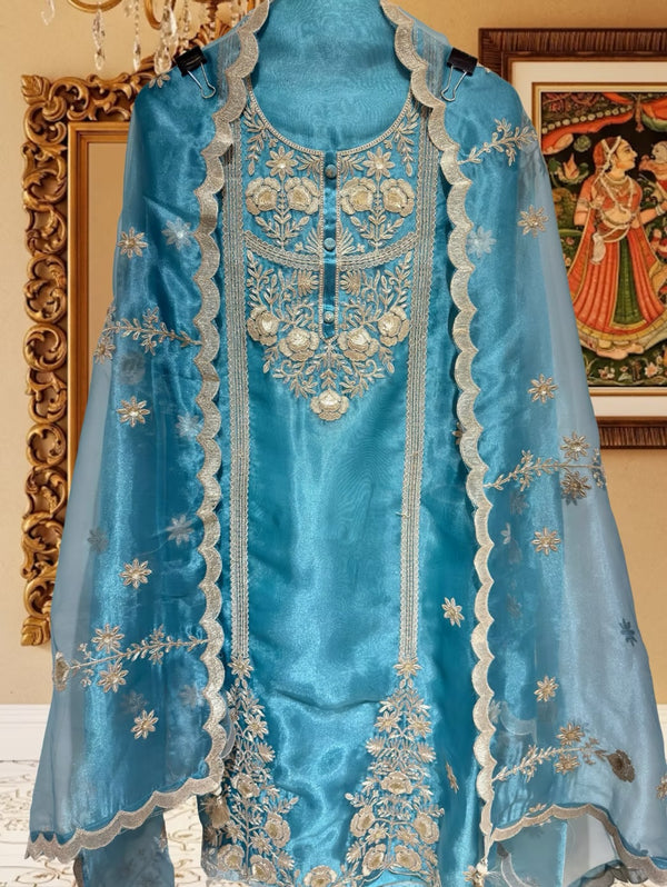 Princess Tissue Silk Suit with 3D Floral Dori Work (Blue)