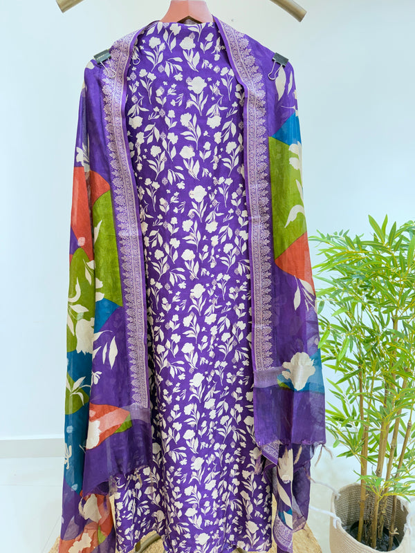 Pure Maheshwari Suit With multicolour Dupatta ( Purple )