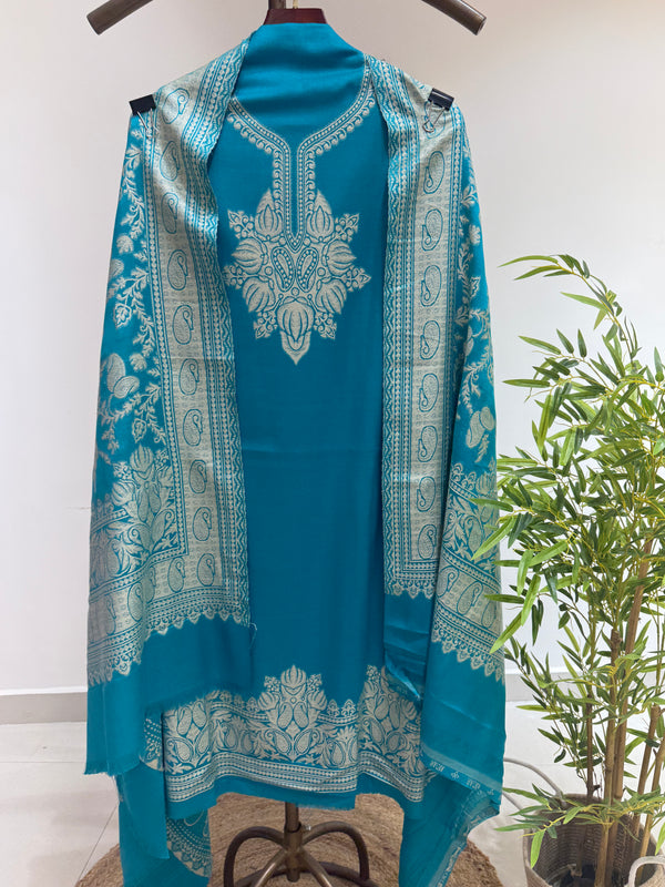 Weaved Woollen Suit With Jaal Dupatta (Deep Sky Blue)