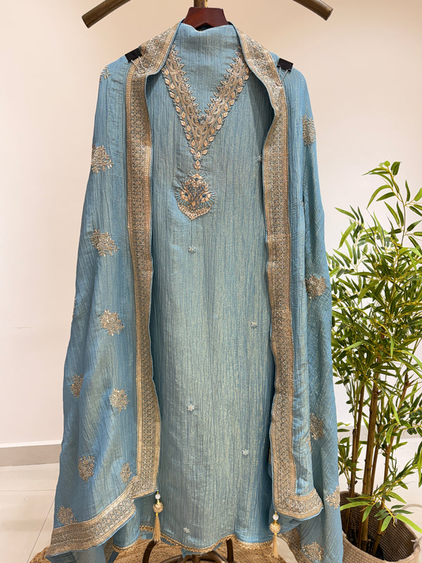 Crush Shimmer Silk Suit  With Silver Embroidery Dupatta (Powder Blue)