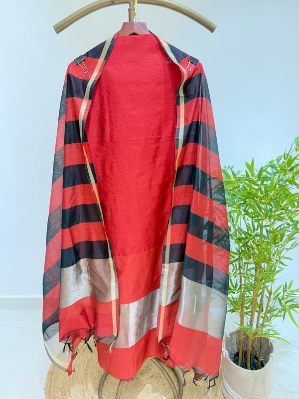 Chanderi Silk Suit With Silver Lined Grace(Red)