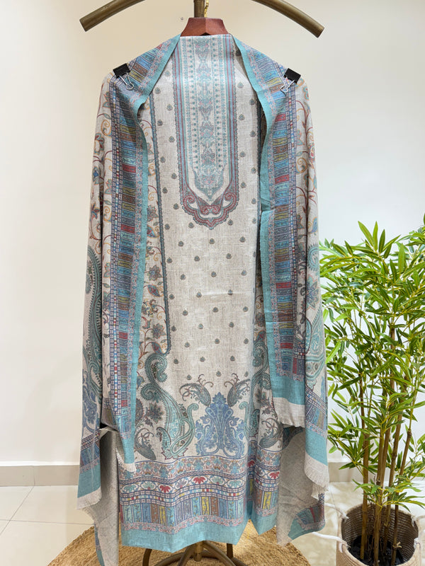 Paisley Motif Printed Pashmina Suit (Pastel Blue)