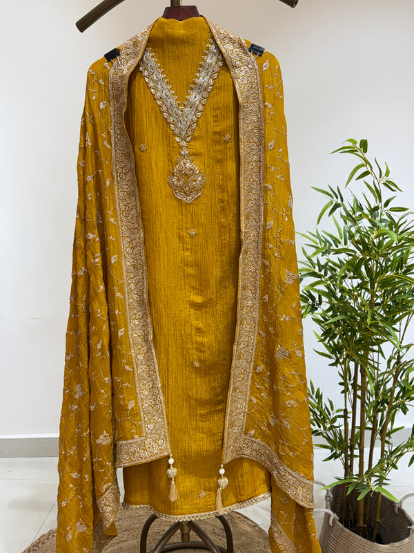 Crush Shimmer Silk Suit  With Silver Embroidery Dupatta (Mustard Yellow)