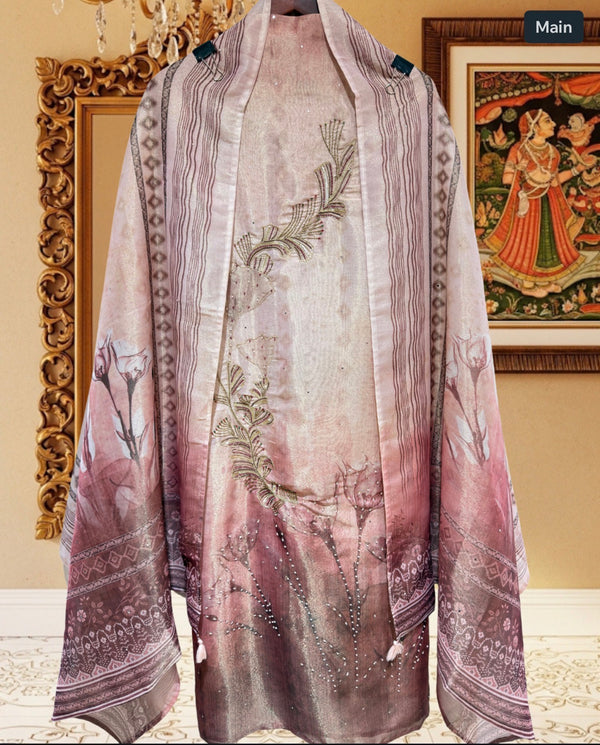 Tissue Silk Designer Suit with Pearl Work (Pink)