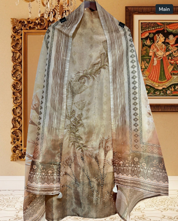Tissue Silk Designer Suit with Pearl Work (Ivory & Brown)