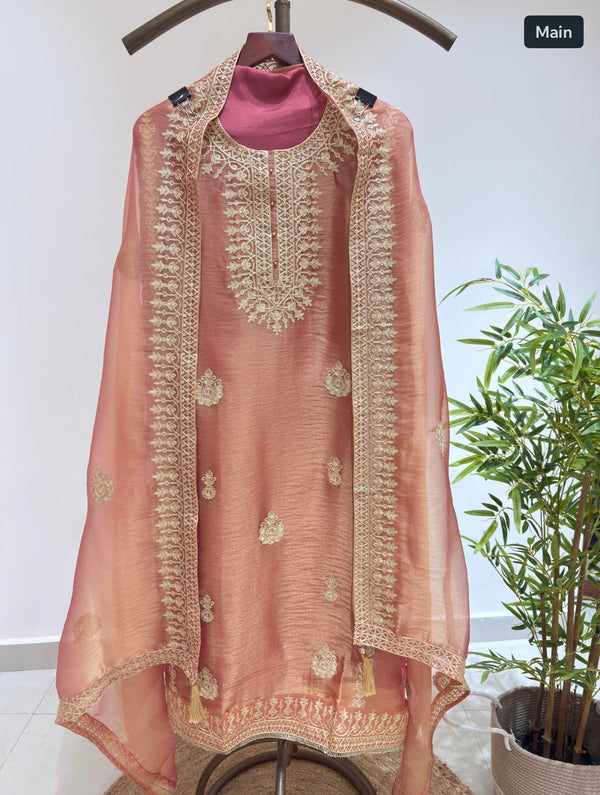Magical Dual-Shade Tissue Silk Suit(Peach & Pink)