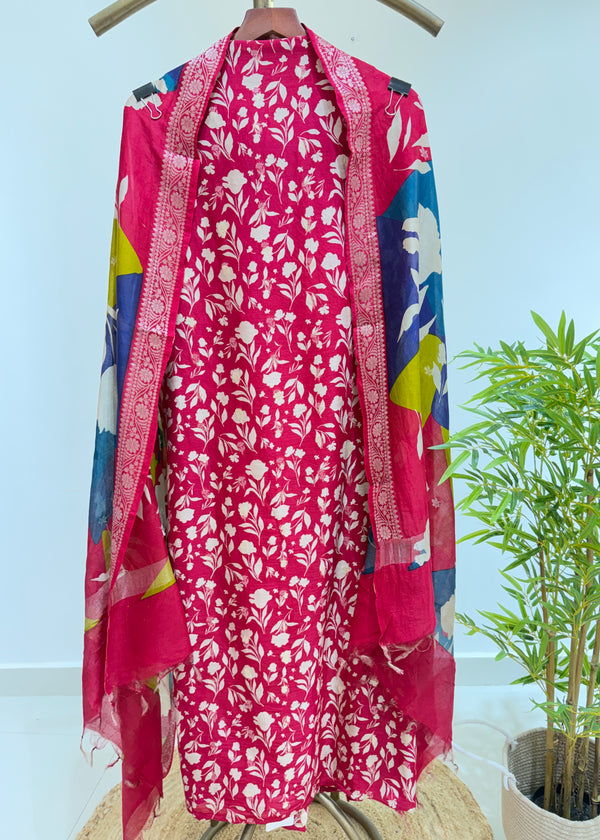 Pure Maheshwari Suit With multicolour Dupatta ( Rani Pink )