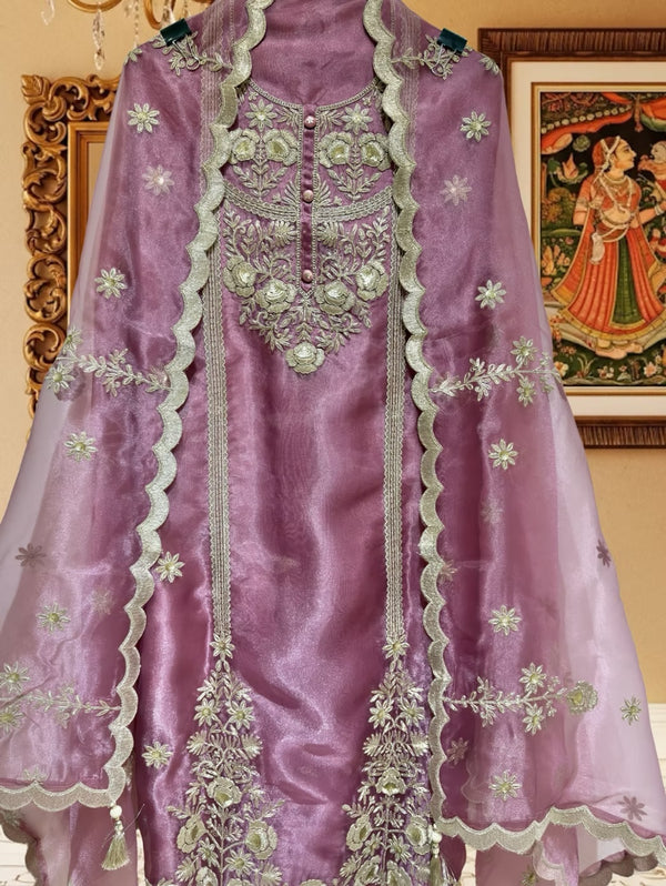 Princess Tissue Silk Suit with 3D Floral Dori Work (Pink)