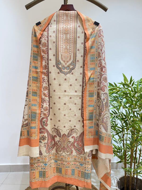 Paisley Motif Printed Pashmina Suit (Pastel Orange)