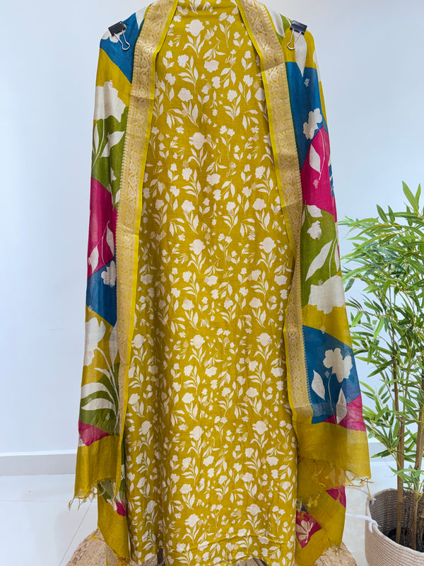 Pure Maheshwari Suit With multicolour Dupatta (Mustard Yellow)