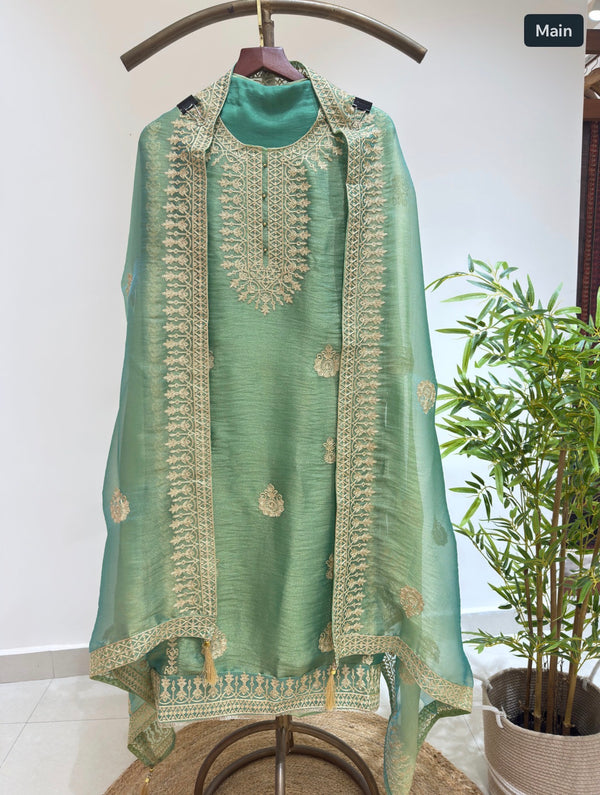 Magical Dual-Shade Tissue Silk Suit(Green & Blue)
