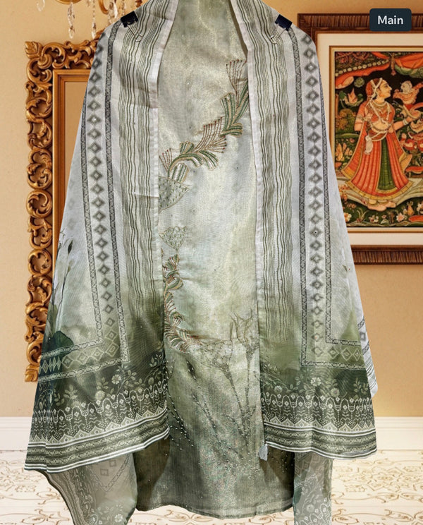 Tissue Silk Designer Suit with Pearl Work (Green)