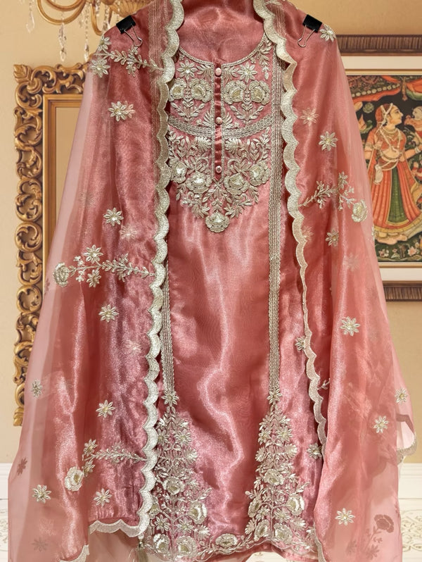 Princess Tissue Silk Suit with 3D Floral Dori Work (Orange)