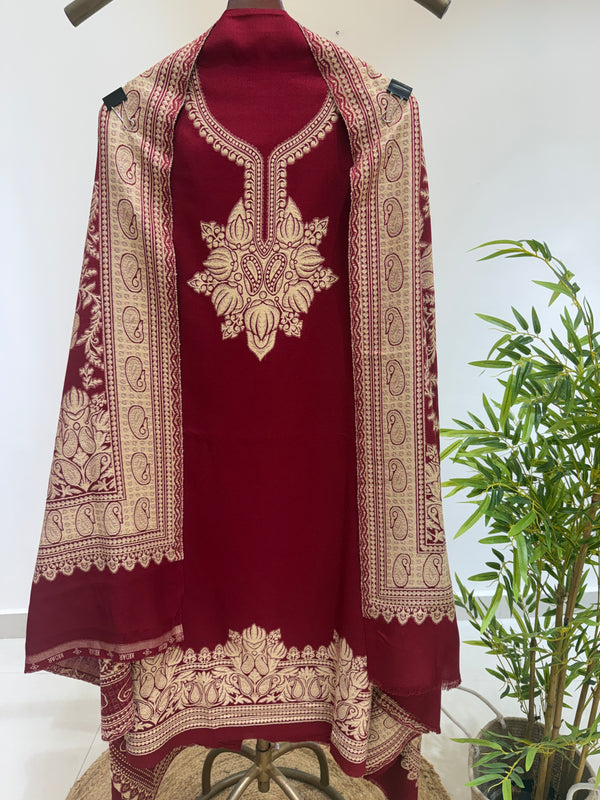 Weaved Woollen Suit With Jaal Dupatta (Cherry Red)
