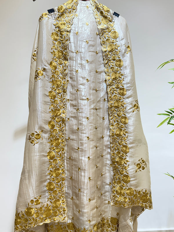 Shimmer Organza Crush Tissue Suit With Embroidery (Ivory)