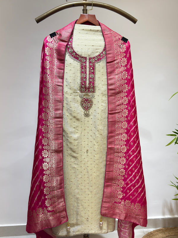 Ivory Tissue Silk Suit With Pink Banarasi Dupatta